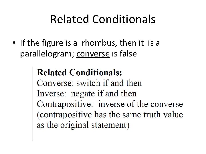 Related Conditionals • If the figure is a rhombus, then it is a parallelogram;