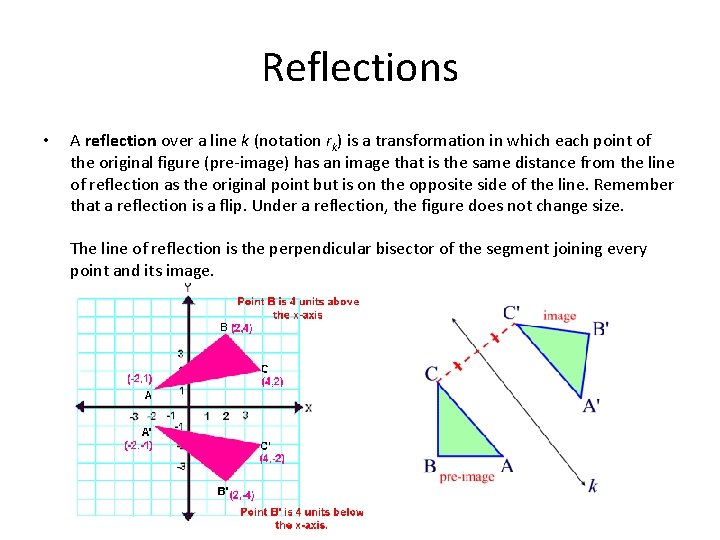 Reflections • A reflection over a line k (notation rk) is a transformation in