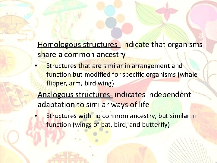 Homologous structures- indicate that organisms share a common ancestry – • Structures that are