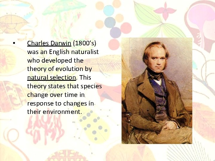  • Charles Darwin (1800’s) was an English naturalist who developed theory of evolution