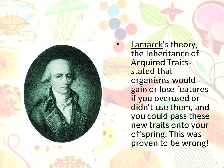  • Lamarck's theory, the Inheritance of Acquired Traitsstated that organisms would gain or