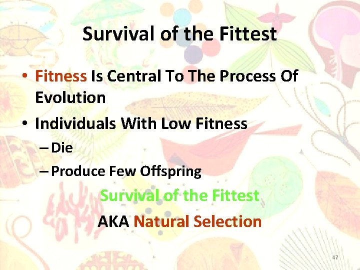 Survival of the Fittest • Fitness Is Central To The Process Of Evolution •