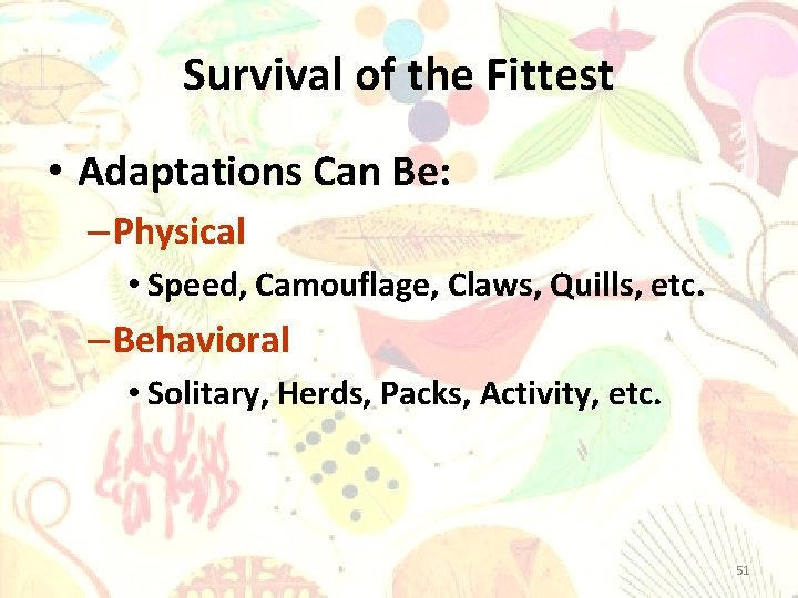 Survival of the Fittest • Adaptations Can Be: – Physical • Speed, Camouflage, Claws,
