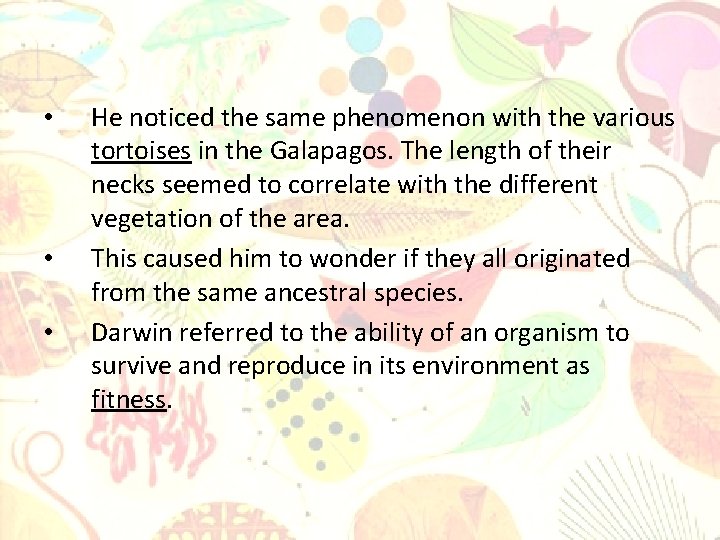  • • • He noticed the same phenomenon with the various tortoises in