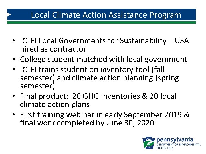 Local Climate Action Assistance Program • ICLEI Local Governments for Sustainability – USA hired