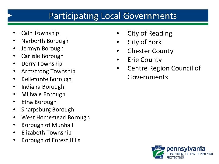 Participating Local Governments • • • • Caln Township Narberth Borough Jermyn Borough Carlisle
