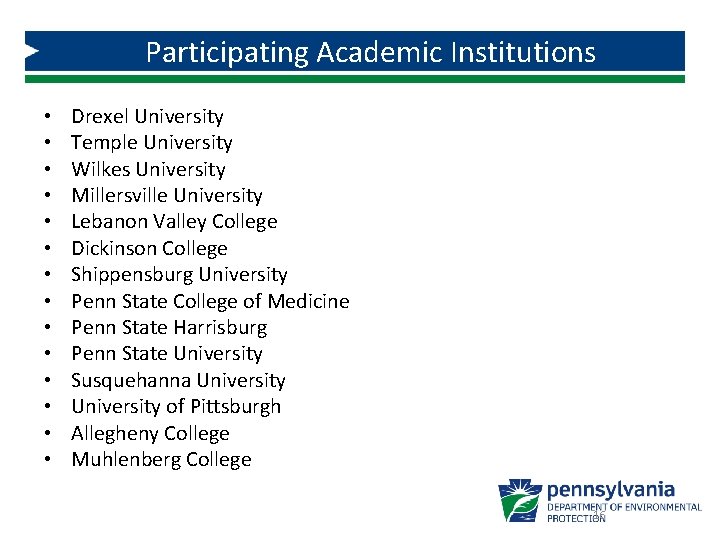 Participating Academic Institutions • • • • Drexel University Temple University Wilkes University Millersville