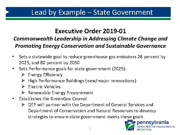 Lead by Example – State Government Executive Order 2019 -01 Commonwealth Leadership in Addressing
