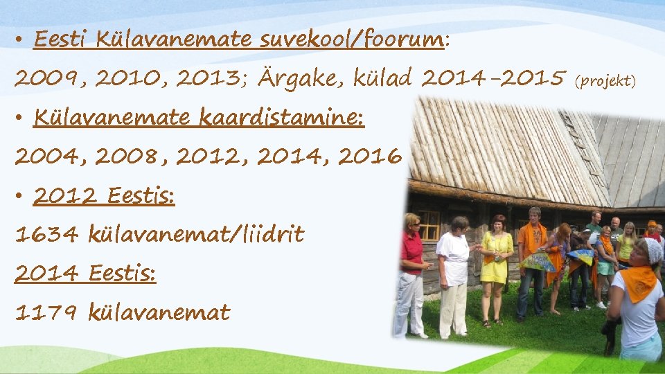  • Eesti Külavanemate suvekool/foorum: 2009, 2010, 2013; Ärgake, külad 2014 -2015 • Külavanemate