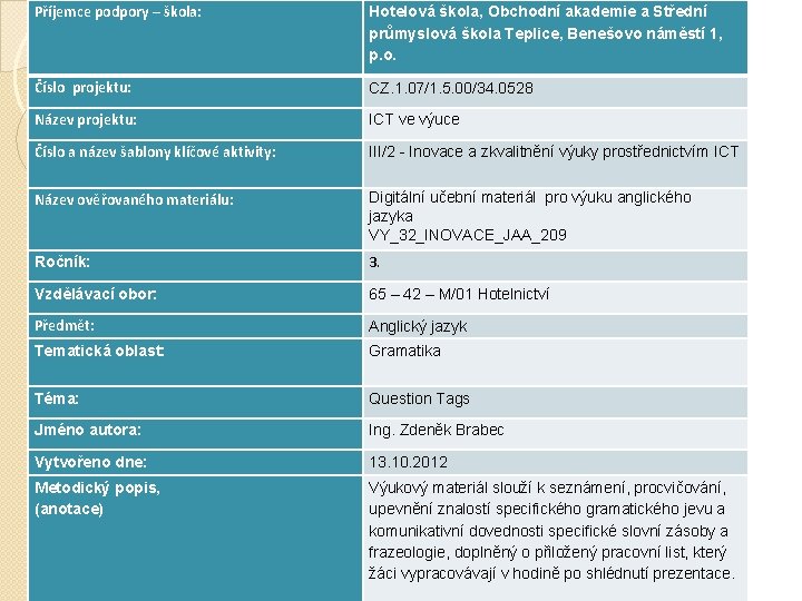 Příjemce podpory – škola: Hotelová škola, Obchodní akademie a Střední průmyslová škola Teplice, Benešovo