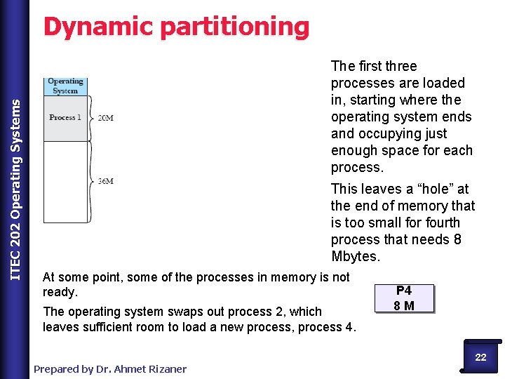 ITEC 202 Operating Systems Dynamic partitioning The first three processes are loaded in, starting