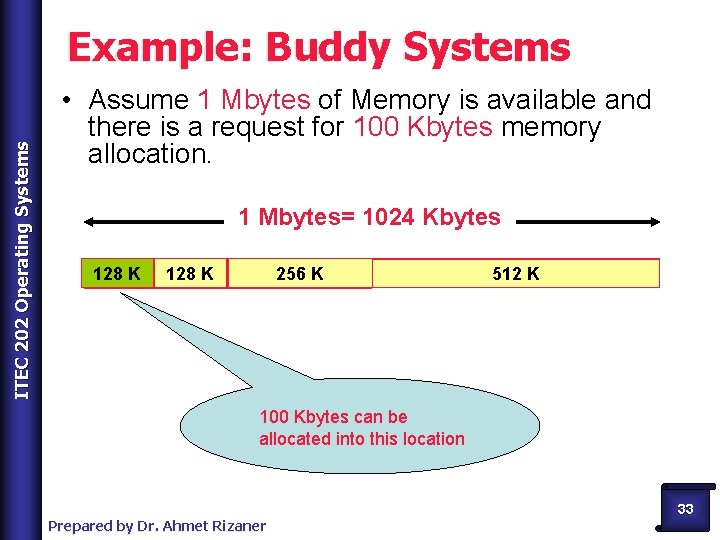 ITEC 202 Operating Systems Example: Buddy Systems • Assume 1 Mbytes of Memory is