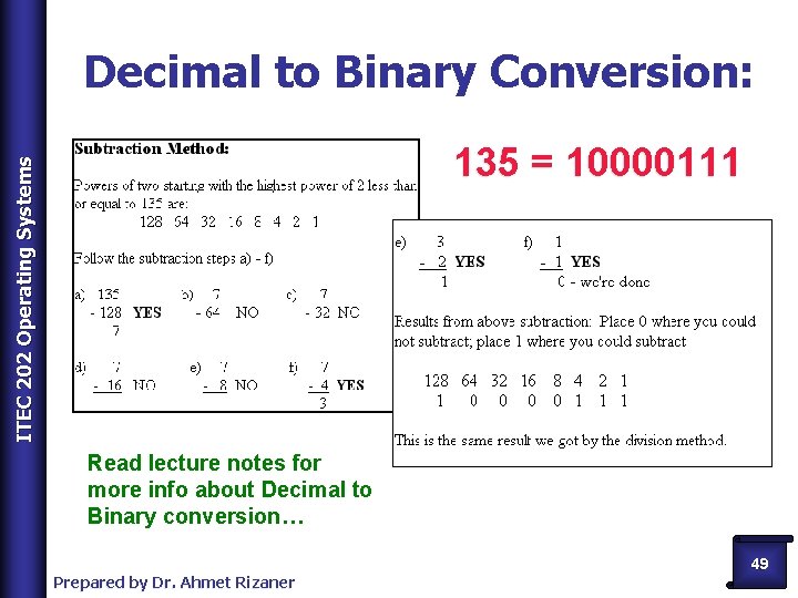 Decimal to Binary Conversion: ITEC 202 Operating Systems 135 = 10000111 Read lecture notes