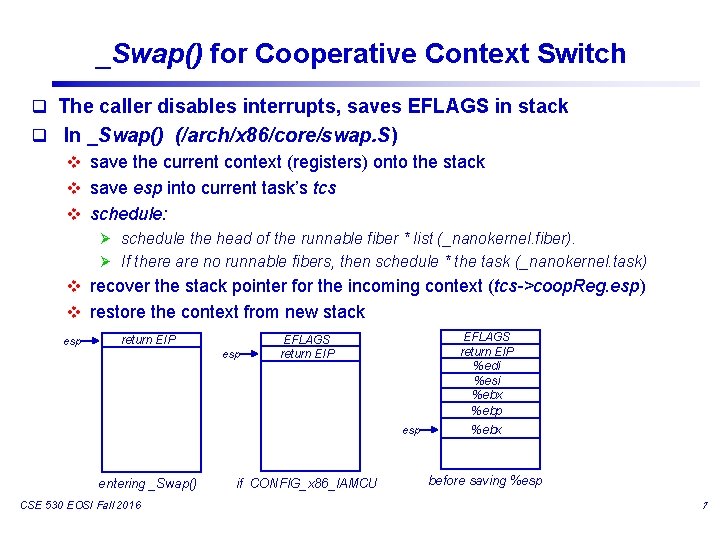 _Swap() for Cooperative Context Switch q The caller disables interrupts, saves EFLAGS in stack _Swap() for Cooperative Context Switch q The caller disables interrupts, saves EFLAGS in stack