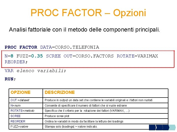 PROC FACTOR – Opzioni Analisi fattoriale con il metodo delle componenti principali. PROC FACTOR