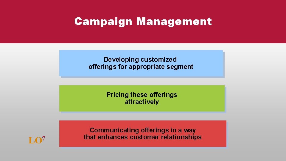 Campaign Management Developing customized offerings for appropriate segment Pricing these offerings attractively LO 7