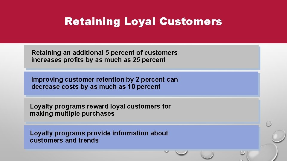 Retaining Loyal Customers Retaining an additional 5 percent of customers increases profits by as