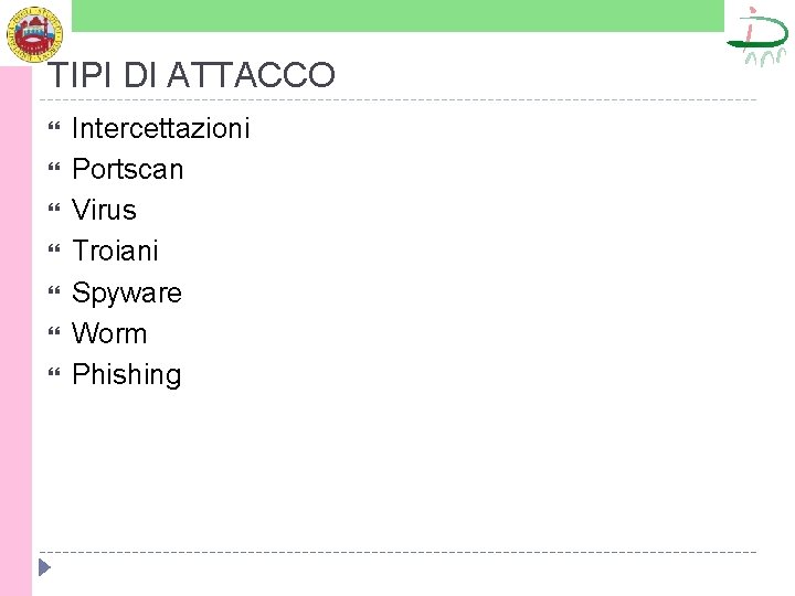 TIPI DI ATTACCO Intercettazioni Portscan Virus Troiani Spyware Worm Phishing 