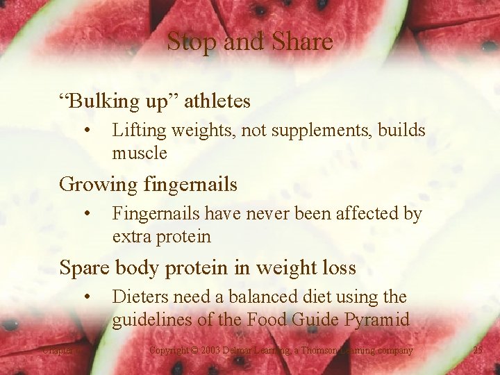 Stop and Share “Bulking up” athletes • Lifting weights, not supplements, builds muscle Growing