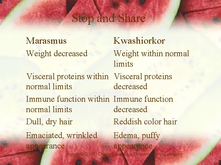 Stop and Share Marasmus Kwashiorkor Weight decreased Weight within normal limits Visceral proteins within