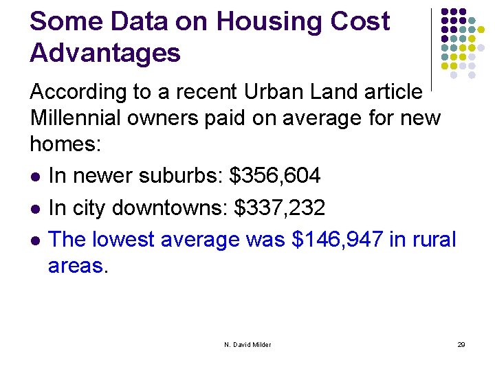 Some Data on Housing Cost Advantages According to a recent Urban Land article Millennial