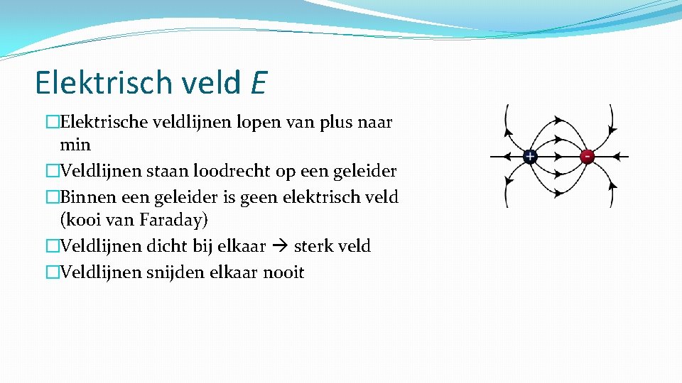 Elektrisch veld E �Elektrische veldlijnen lopen van plus naar min �Veldlijnen staan loodrecht op