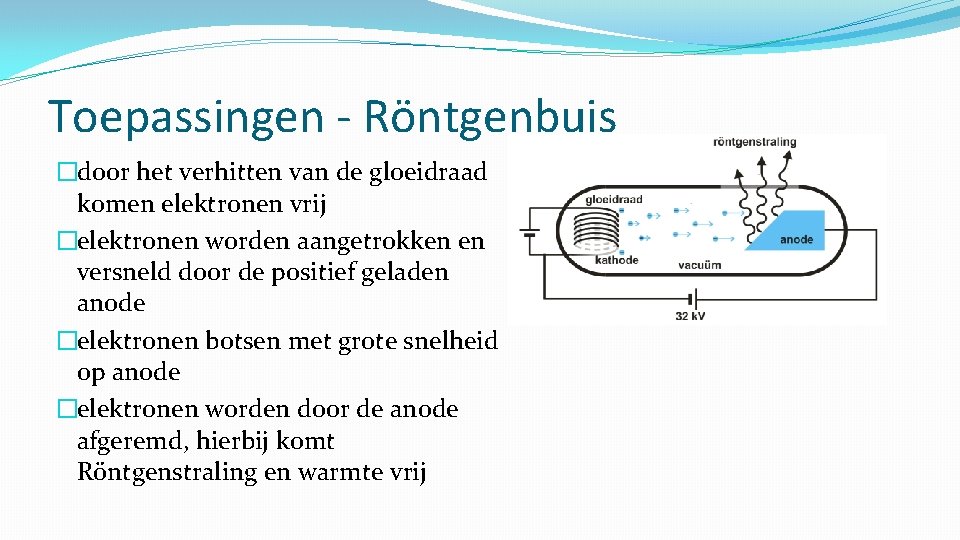 Toepassingen - Röntgenbuis �door het verhitten van de gloeidraad komen elektronen vrij �elektronen worden