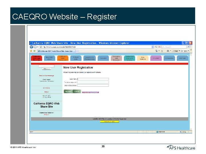 CAEQRO Website – Register © 2011 APS Healthcare, Inc. 20 