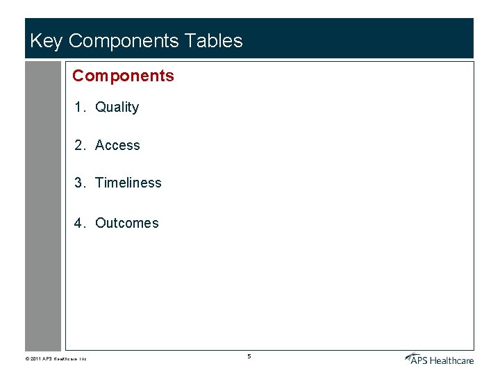 Key Components Tables Components 1. Quality 2. Access 3. Timeliness 4. Outcomes © 2011