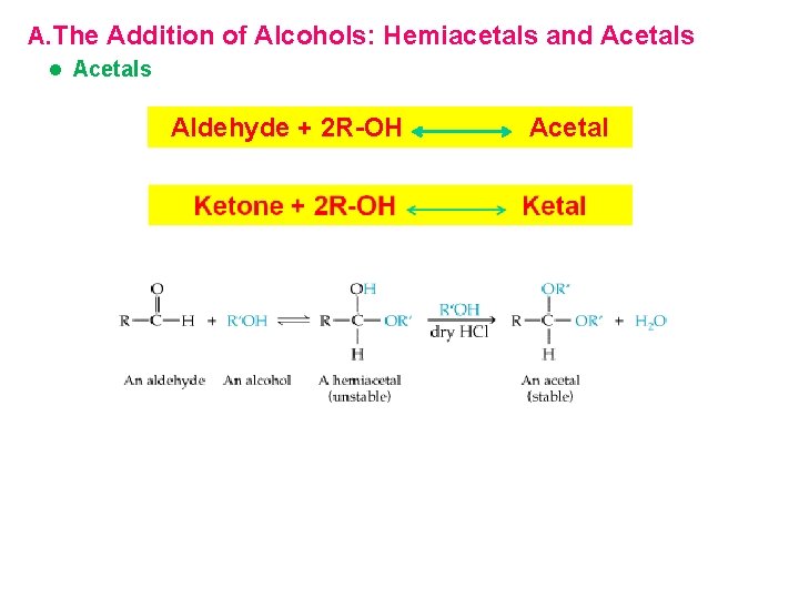 A. The Addition of Alcohols: Hemiacetals and Acetals l Acetals Aldehyde + 2 R-OH