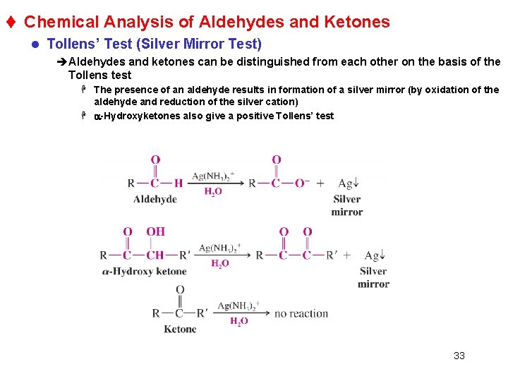 t Chemical Analysis of Aldehydes and Ketones l Tollens’ Test (Silver Mirror Test) èAldehydes