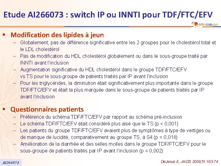 Etude AI 266073 : switch IP ou INNTI pour TDF/FTC/EFV § Modification des lipides