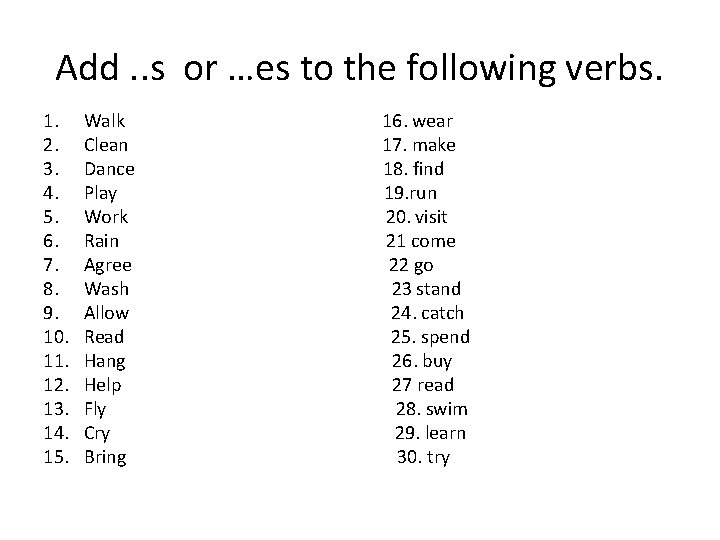 Add. . s or …es to the following verbs. 1. 2. 3. 4. 5.
