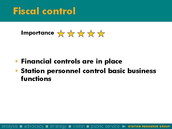 Fiscal control Importance • Financial controls are in place • Station personnel control basic