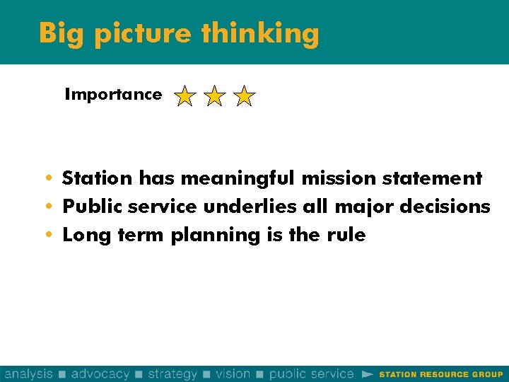 Big picture thinking Importance • Station has meaningful mission statement • Public service underlies