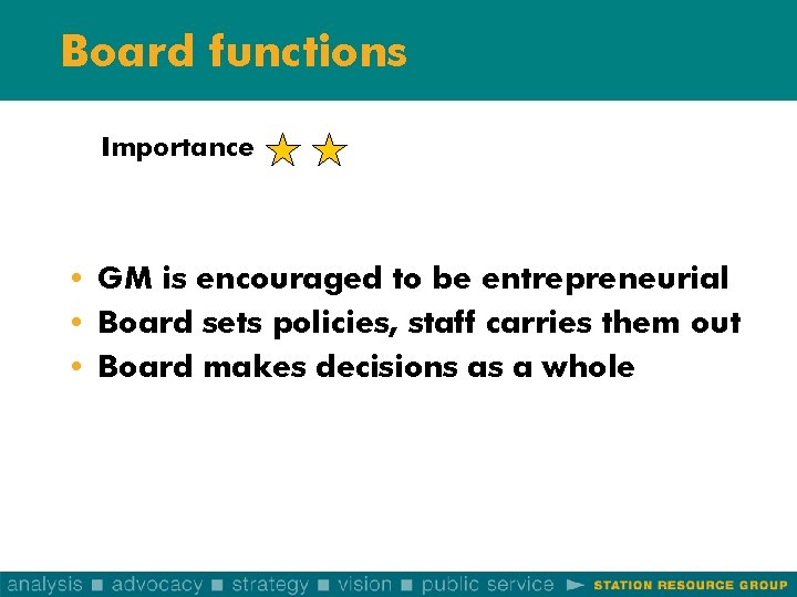 Board functions Importance • GM is encouraged to be entrepreneurial • Board sets policies,