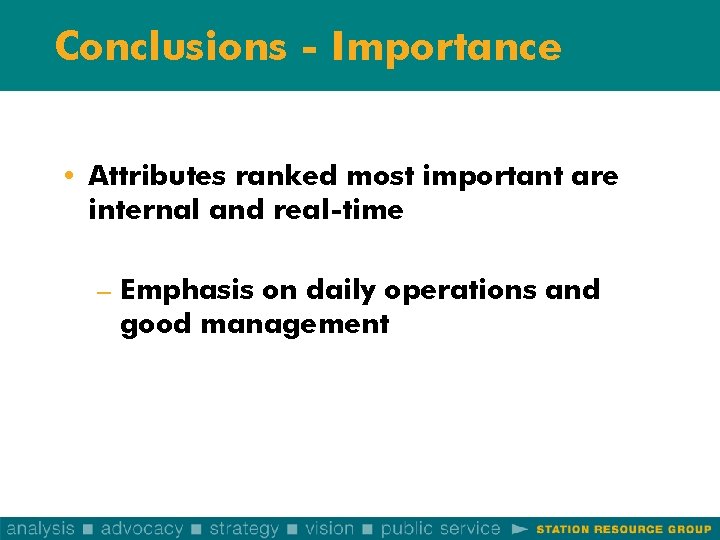 Conclusions - Importance • Attributes ranked most important are internal and real-time – Emphasis