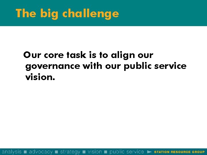 The big challenge Our core task is to align our governance with our public