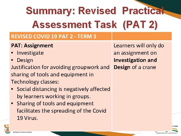 Summary: Revised Practical Assessment Task (PAT 2) REVISED COVID 19 PAT 2 - TERM