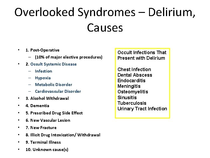 Overlooked Syndromes – Delirium, Causes • 1. Post-Operative – (10% of major elective procedures)