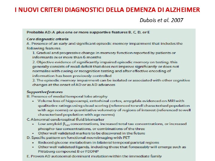 I NUOVI CRITERI DIAGNOSTICI DELLA DEMENZA DI ALZHEIMER Dubois et al. 2007 