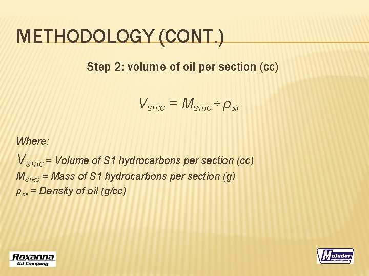 METHODOLOGY (CONT. ) Step 2: volume of oil per section (cc) VS 1 HC