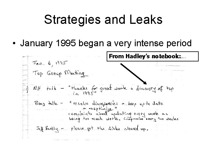 Strategies and Leaks • January 1995 began a very intense period From Hadley’s notebook: