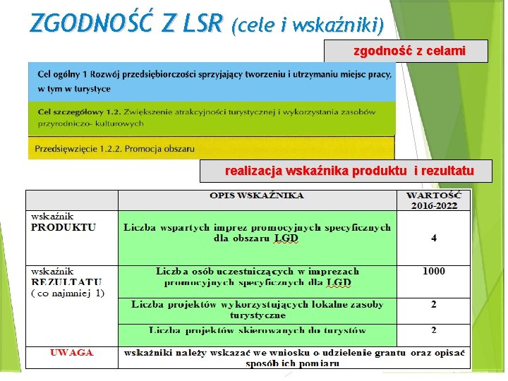 ZGODNOŚĆ Z LSR (cele i wskaźniki) zgodność z celami realizacja wskaźnika produktu i rezultatu