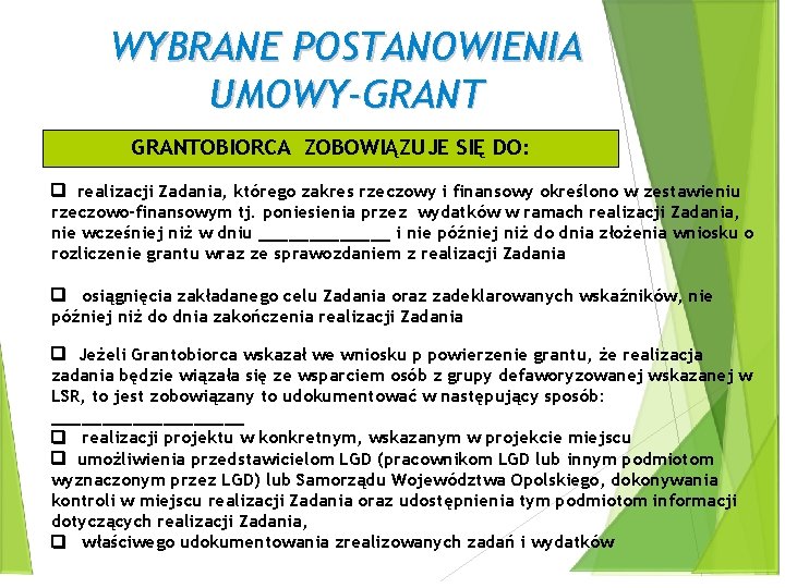 WYBRANE POSTANOWIENIA UMOWY-GRANTOBIORCA ZOBOWIĄZUJE SIĘ DO: realizacji Zadania, którego zakres rzeczowy i finansowy określono