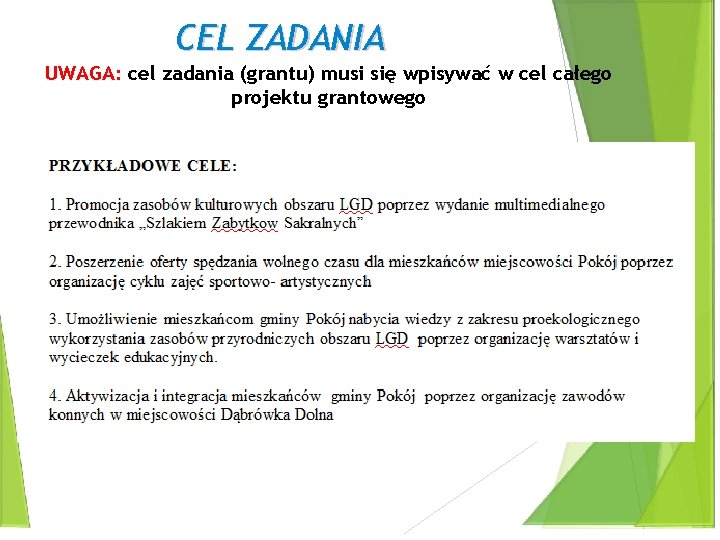 CEL ZADANIA UWAGA: cel zadania (grantu) musi się wpisywać w cel całego projektu grantowego