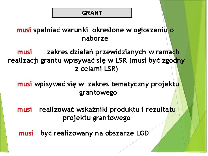 GRANT musi spełniać warunki określone w ogłoszeniu o naborze musi zakres działań przewidzianych w