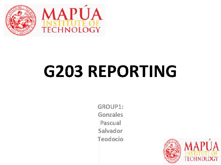 G 203 REPORTING GROUP 1: Gonzales Pascual Salvador Teodocio 