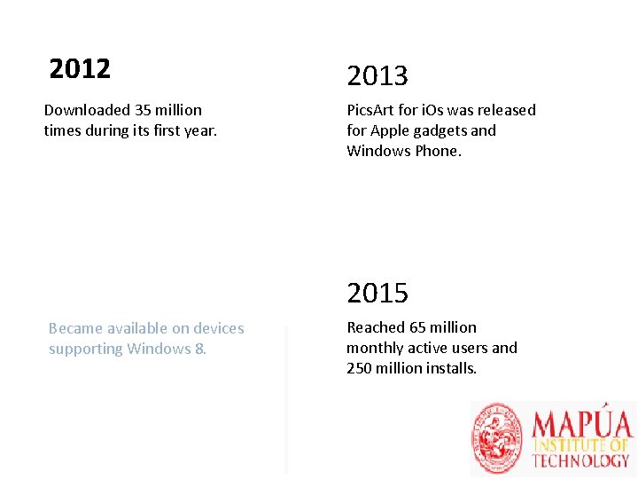 2012 Downloaded 35 million times during its first year. 2013 Pics. Art for i.