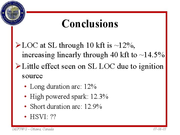 Conclusions Ø LOC at SL through 10 kft is ~12%, increasing linearly through 40